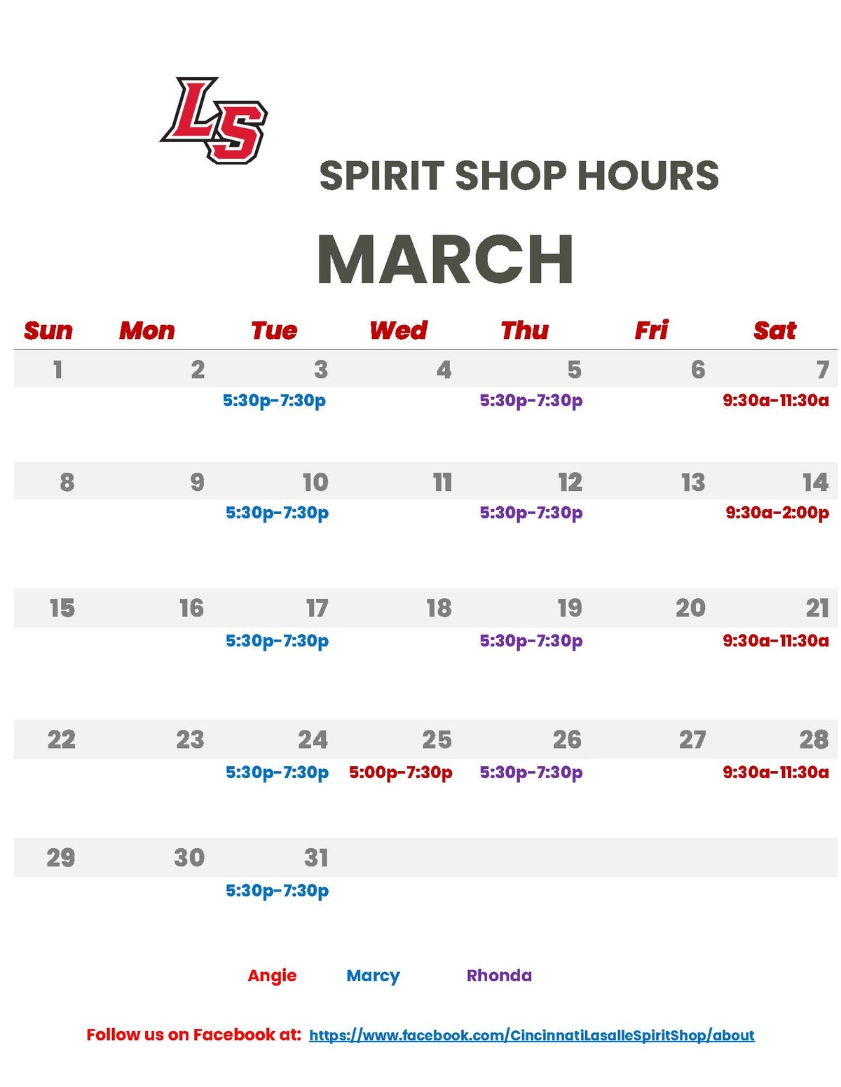 La Salle Spirit Shop Calendar